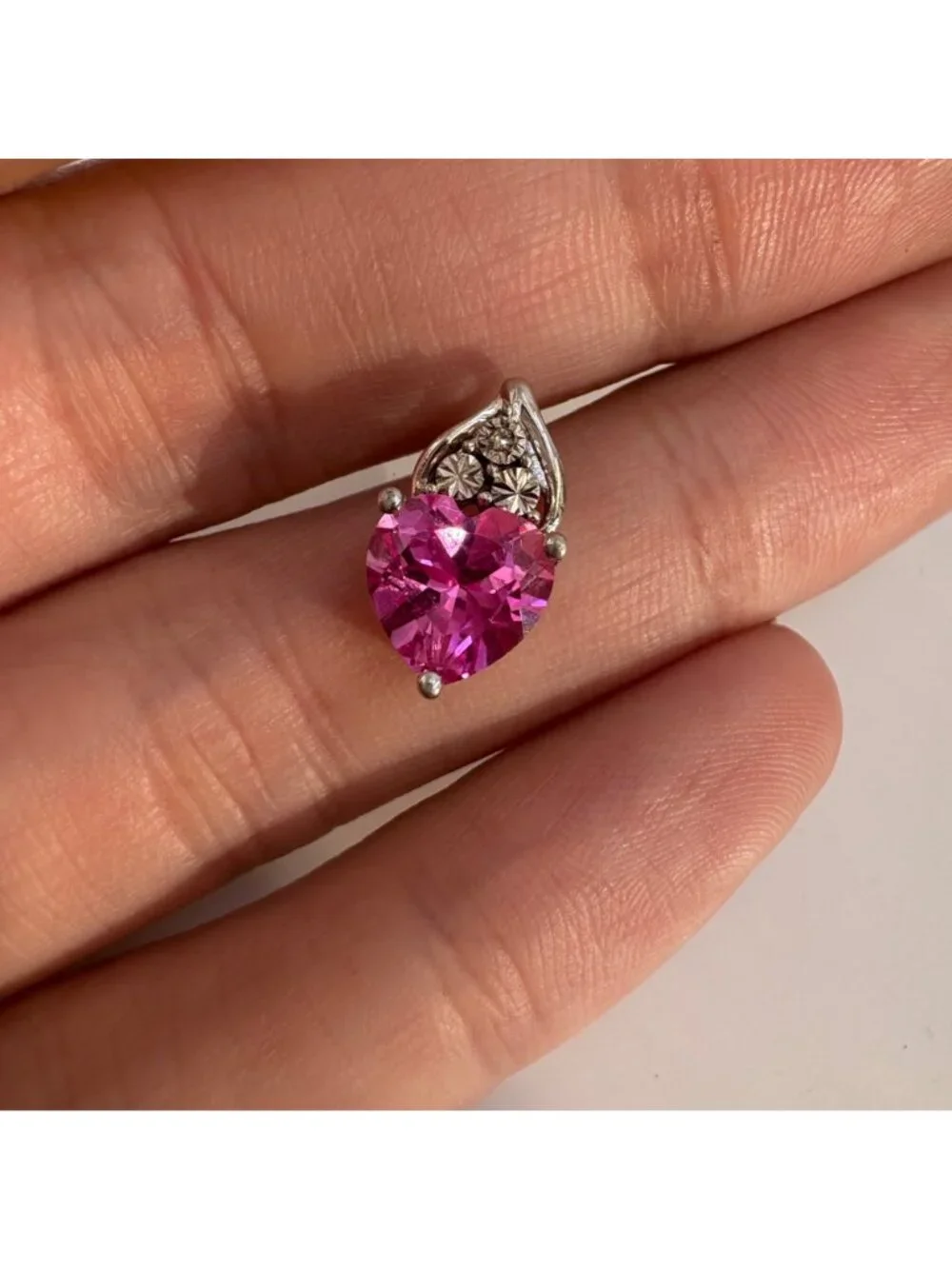Natural Diamond & Pink CZ Heart Pendant Sterling Silver 925 Size 0.5